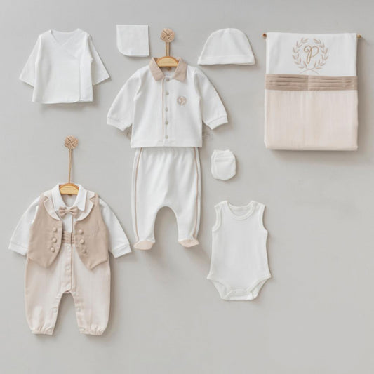 Set Neonato Elegante Beige 10 Pezzi  Completo Cerimonia 0-3 Mesi