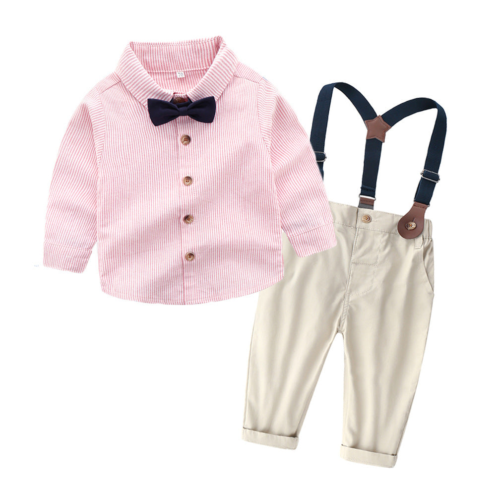 Completo Elegante per Bambino con Camicia, Bretelle e Papillon Rosa