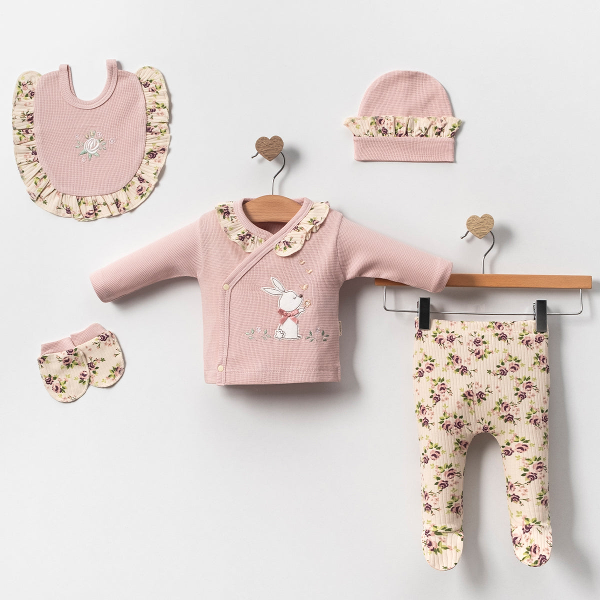 Set nascita neonata/ bimba 5 pezzi rosa con fantasia floreale
