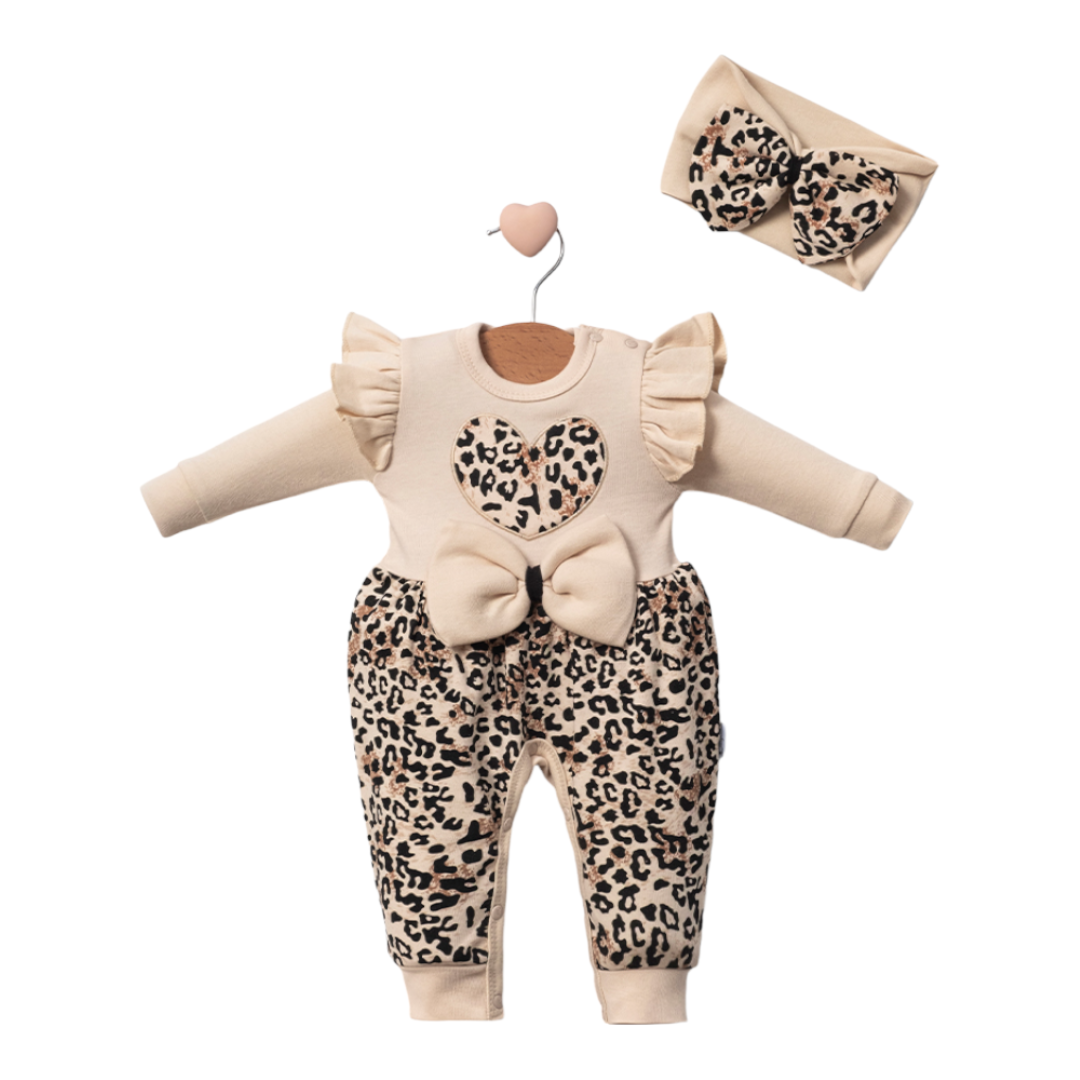 Tutina Neonata/ bimba 3 Pezzi con Stampa Leopardata e Fascia Coordinata