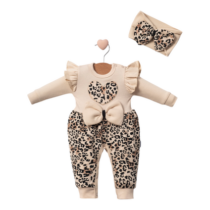 Tutina per bimba 3 Pezzi con Stampa Leopardata e Fiocco Cotone