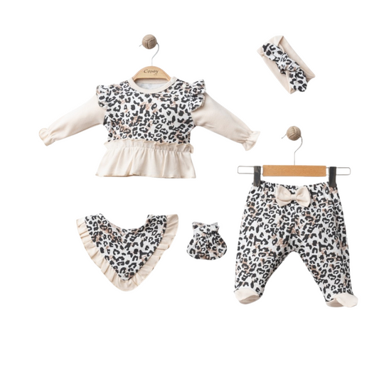 Set 5 pezzi leopardato crema  0-3 mesi in cotone