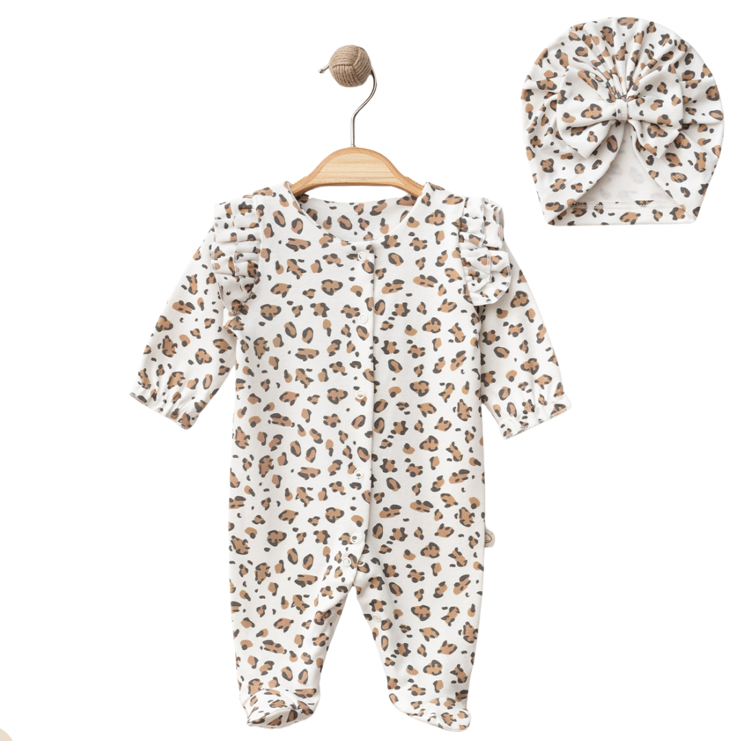 Tutina bimba con Stampa Leopardata e Turbante Coordinato 100% cotone