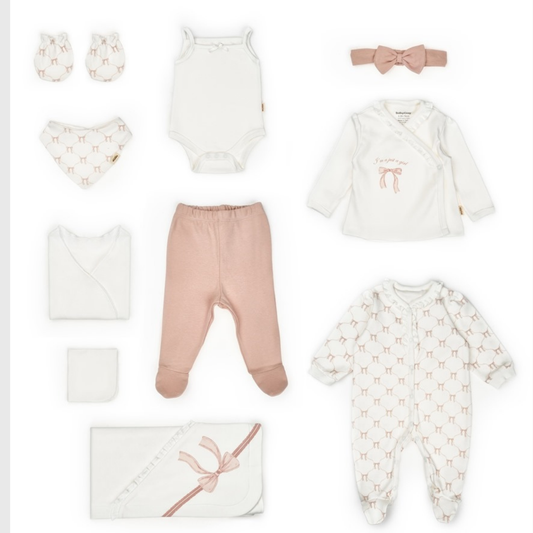 Corredino Neonata 10 Pezzi in Cotone Bio – Rosa Cipria con Fiocch