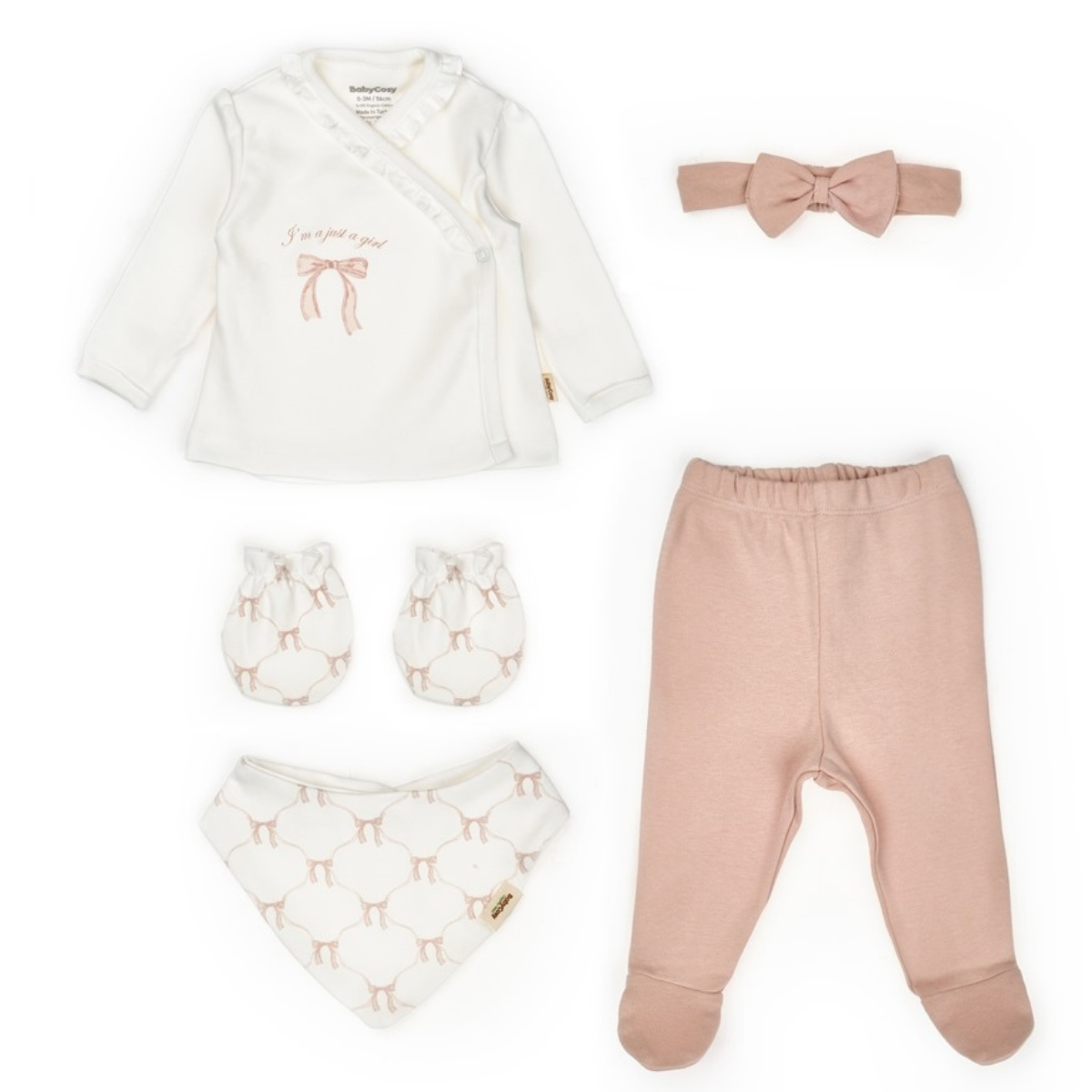 Set Neonata 5 Pezzi in Cotone Bio – Rosa Cipria con Fiocchi