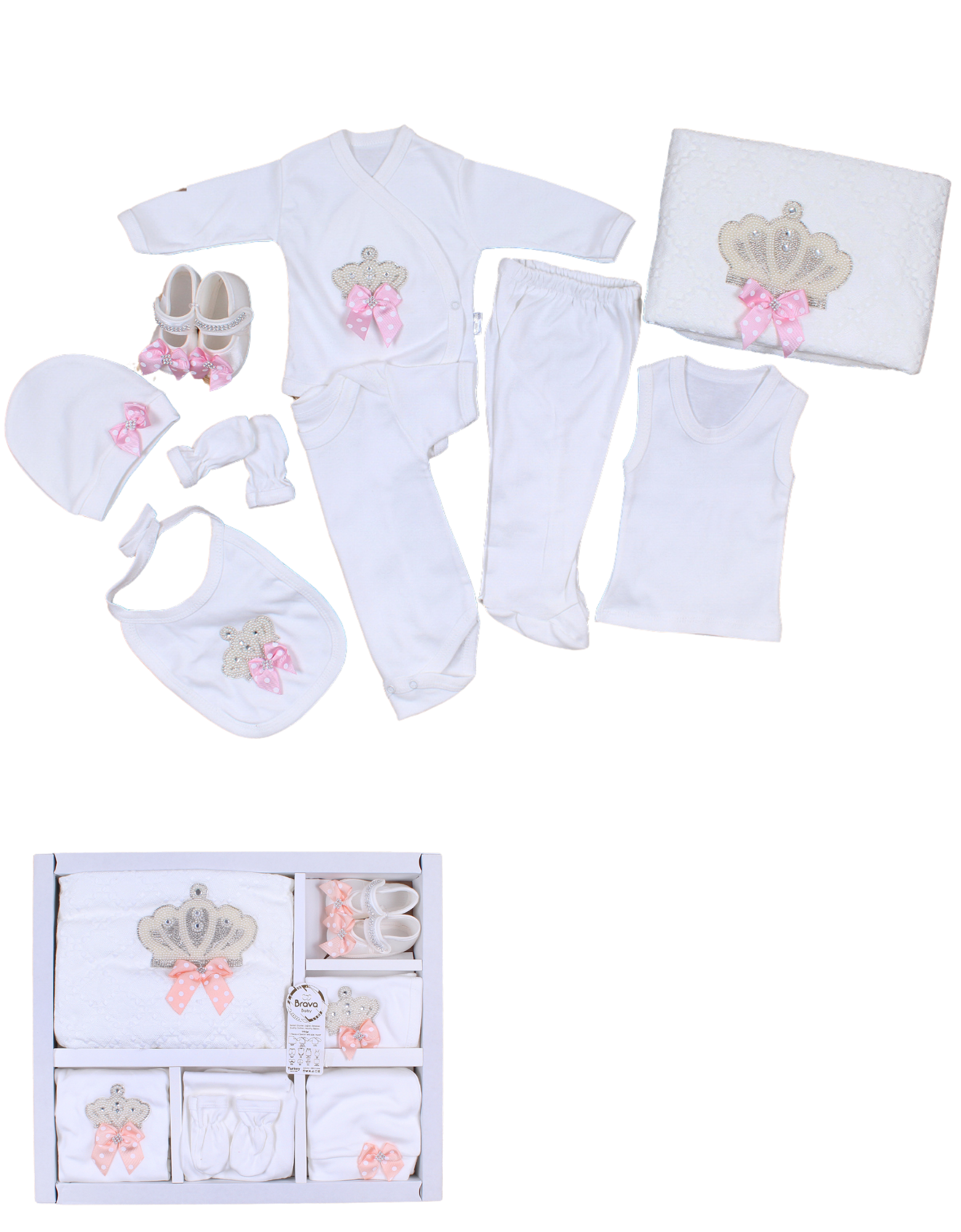 Set 9 pezzi Bimba/ Neonata cotone corona 0-3 mesi