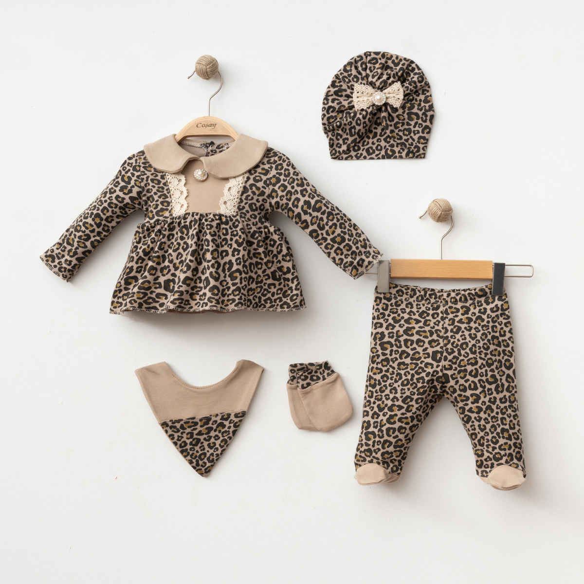 Set Neonata 5 Pezzi Leopardato con Fiocco – 0/3 mesi