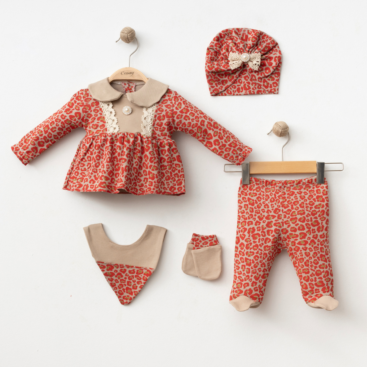 Set Neonata 5 Pezzi Leopardato con Fiocco – 0/3 mesi