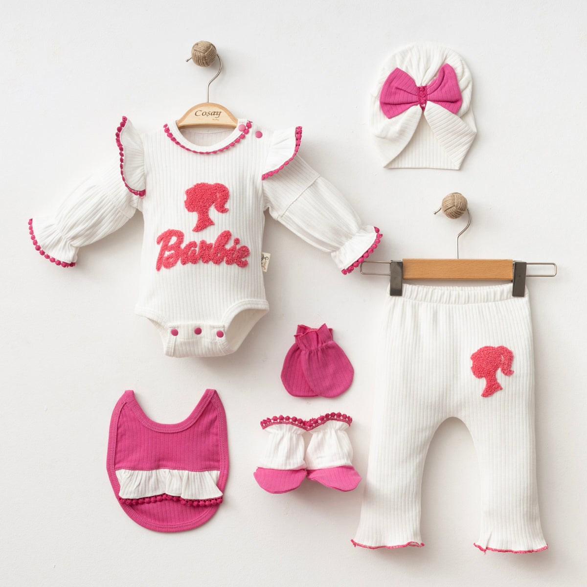 Set Neonato "Barbie Style" 6 Pezzi  Bianco e Fucsia Fashion