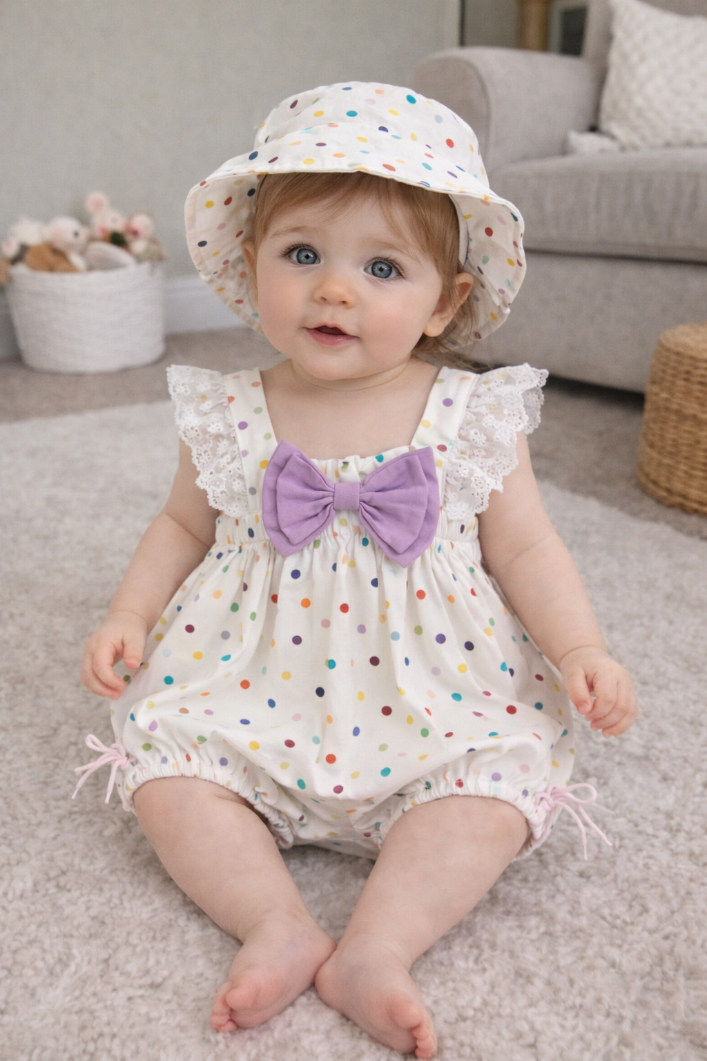 Pagliccetto  Estivo per Neonata con Pois e Cappellino Coordinato