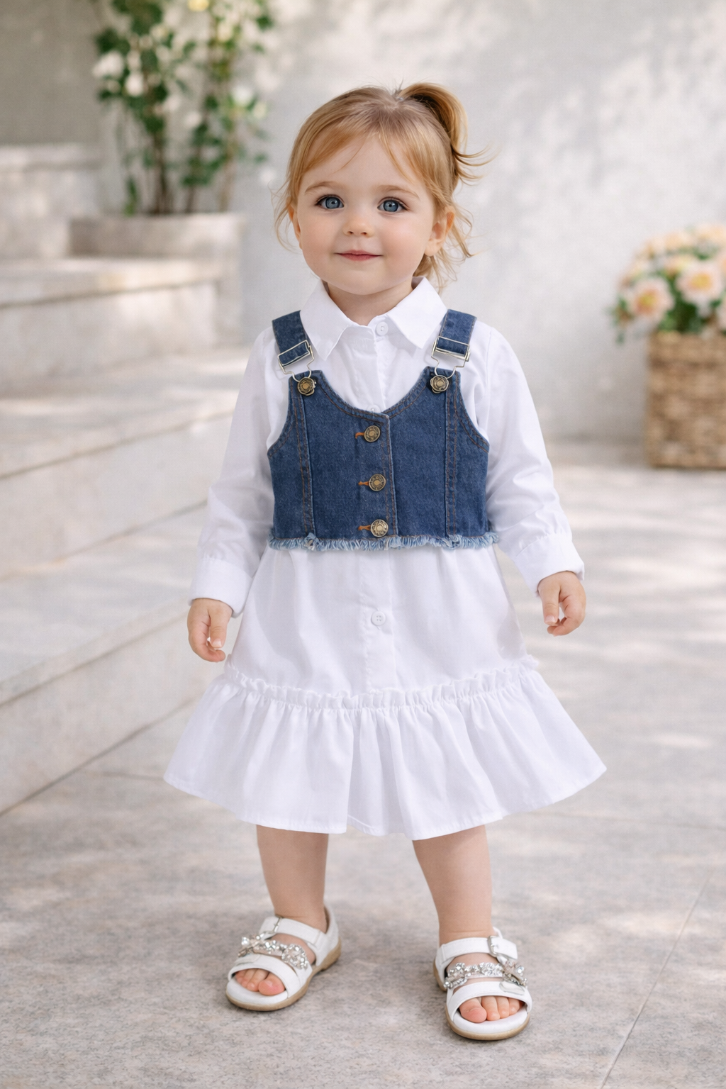 Abitino camicia bianca con gilet in denim per bambina