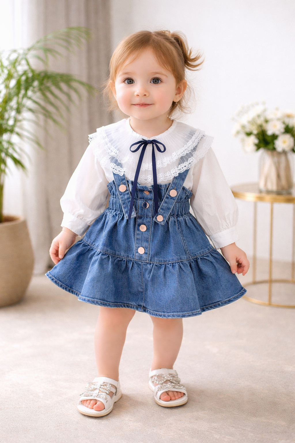 Salopette bimba jeans con Blusa e colletto pizzo
