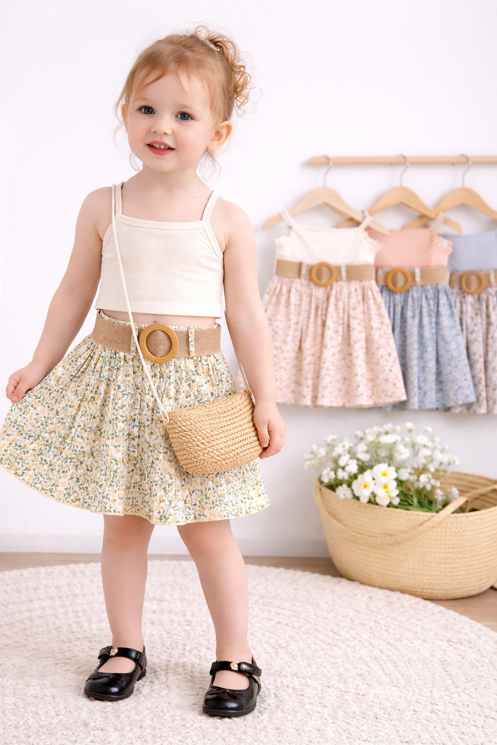 Completo estivo bambina – Top beige e gonna floreale con cintura in rafia
