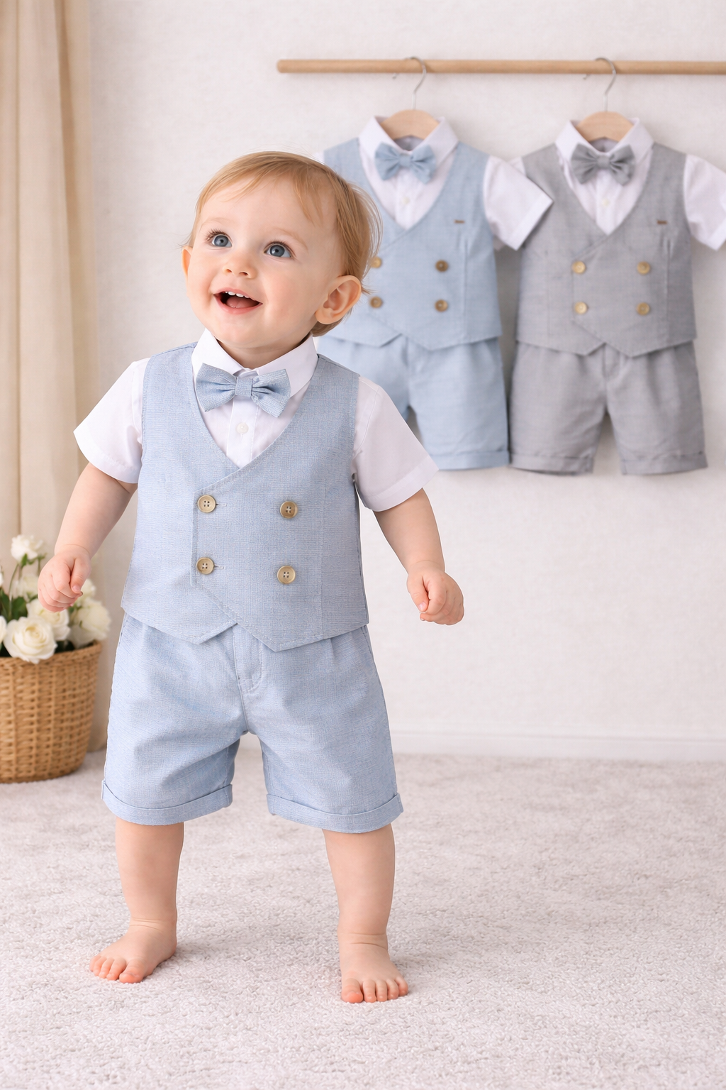 Completo Elegante Bimbo "Little Gentleman" Camicia, Gilet, Papillon e Shorts Azzurri