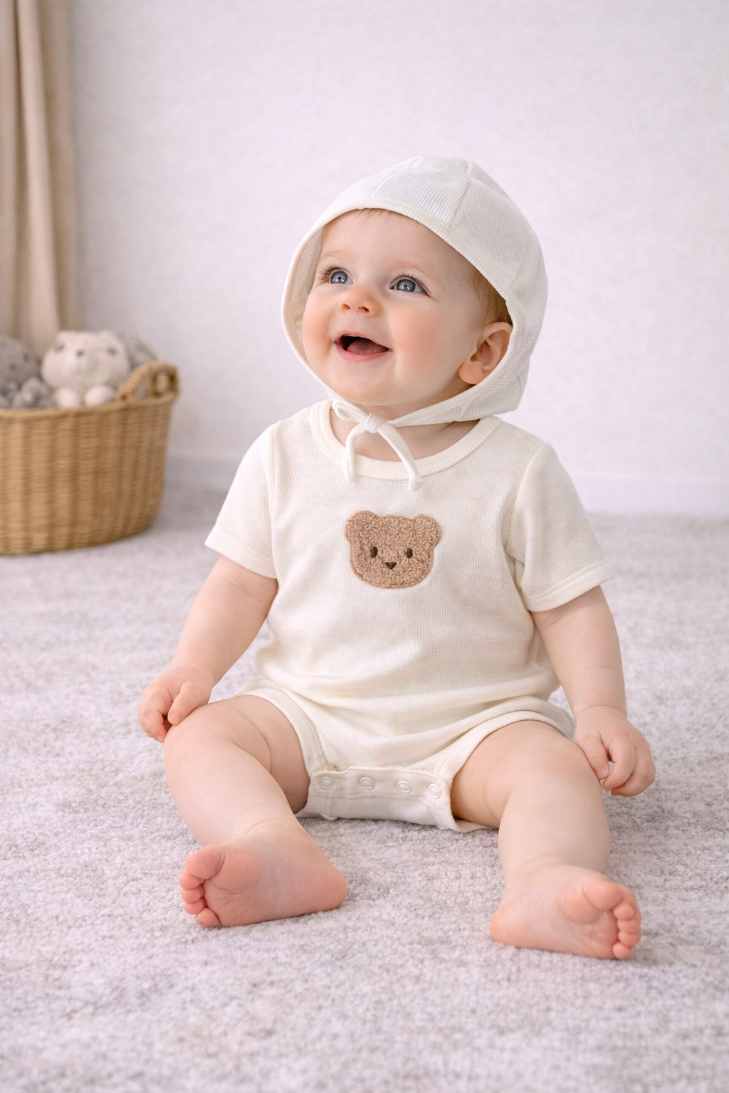 Tutina estiva unisex con cappellino e orsetto in tasca  Set 2 pezzi