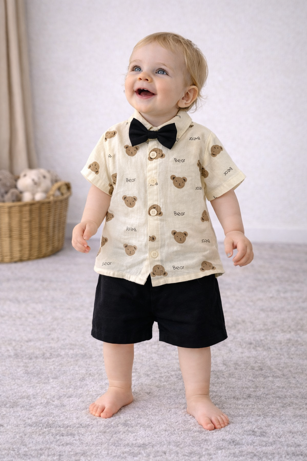 Completo estivo bimbo con camicia orsetti, papillon e pantaloncini neri