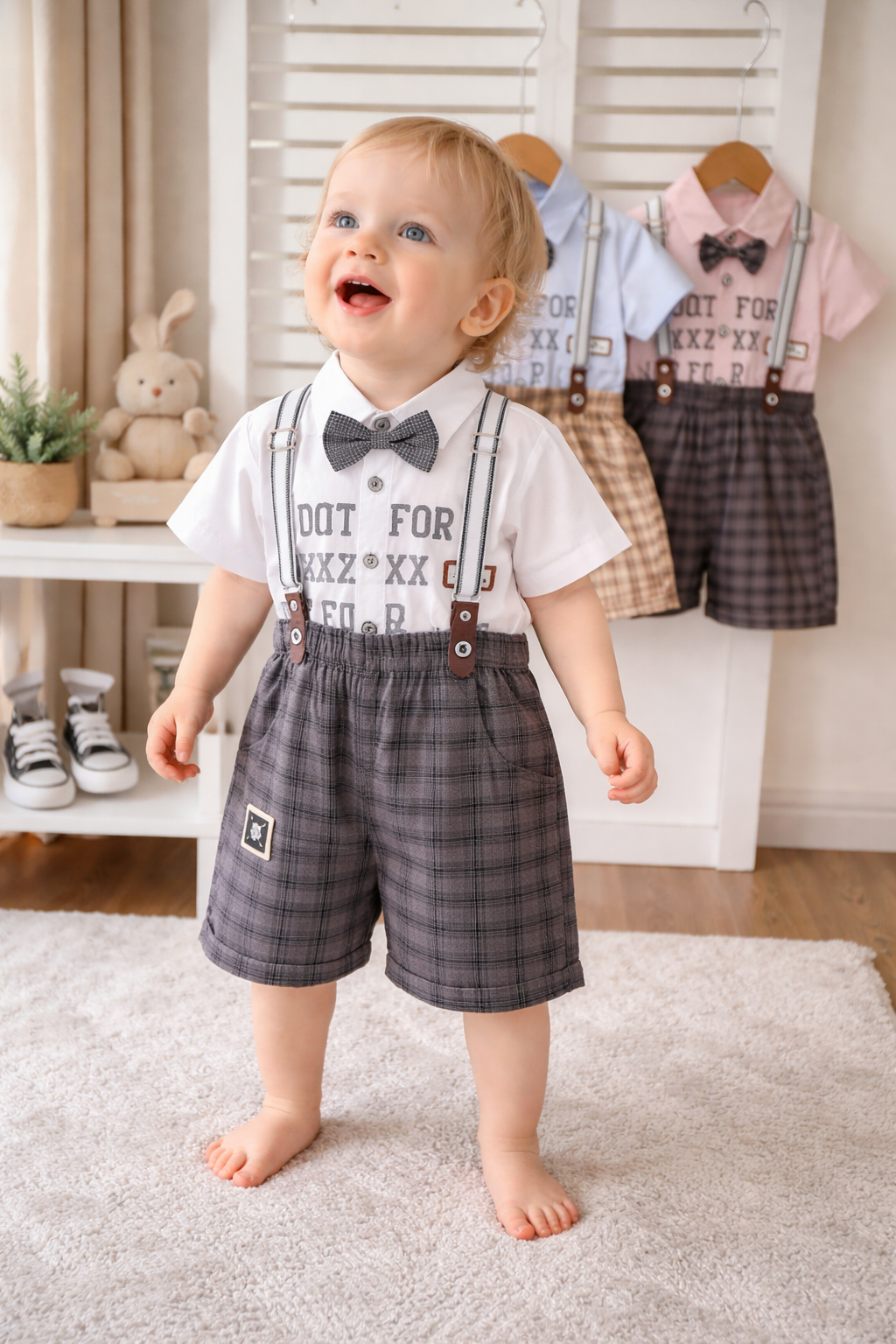 Completo Estivo Bimbo con Bretelle "Little Gentleman" - Camicia, Shorts a Quadri e Papillon