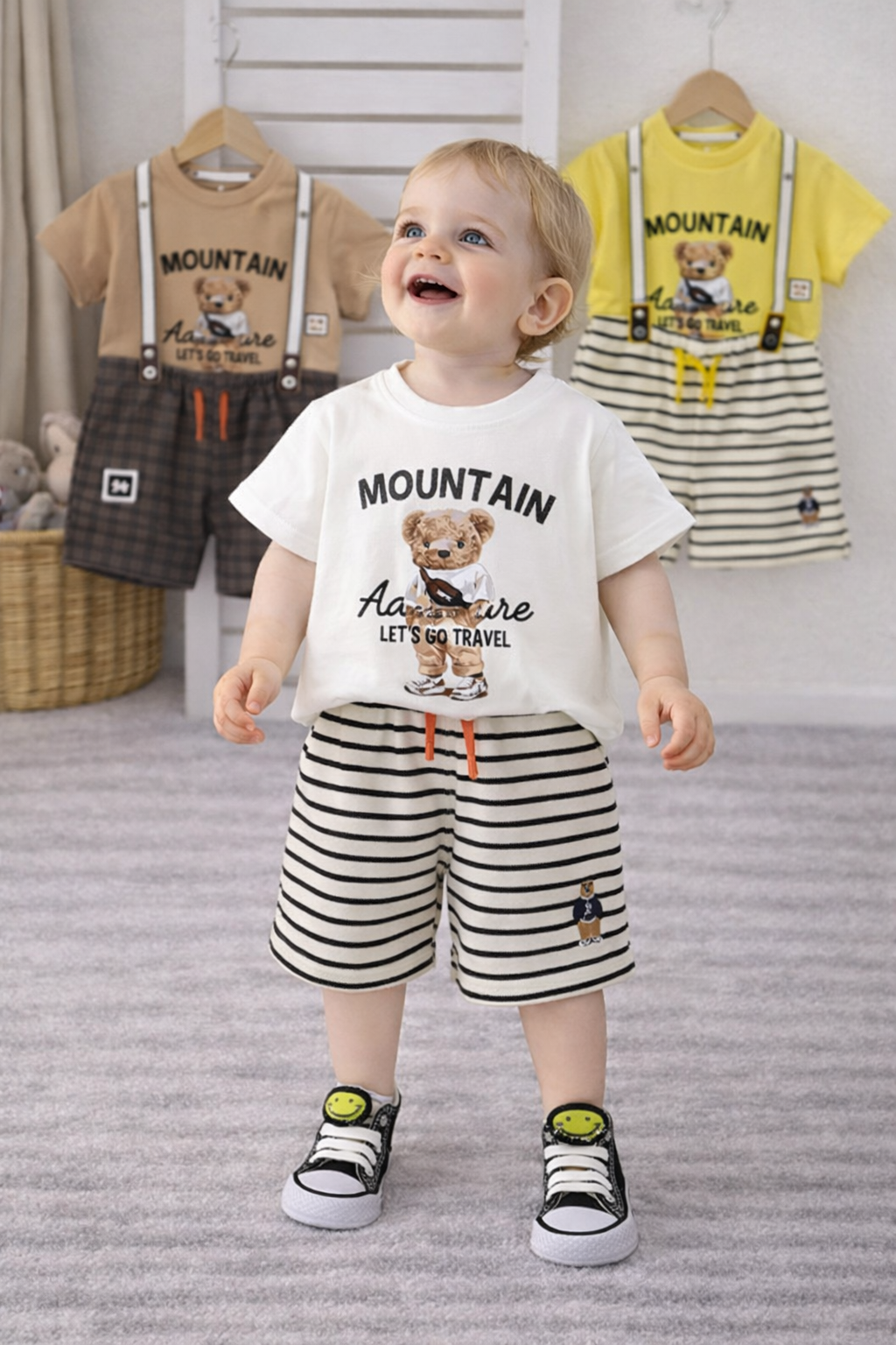 Completo Estivo Bimbo con T-shirt Stampa Orsetto e Pantaloncini a Righe