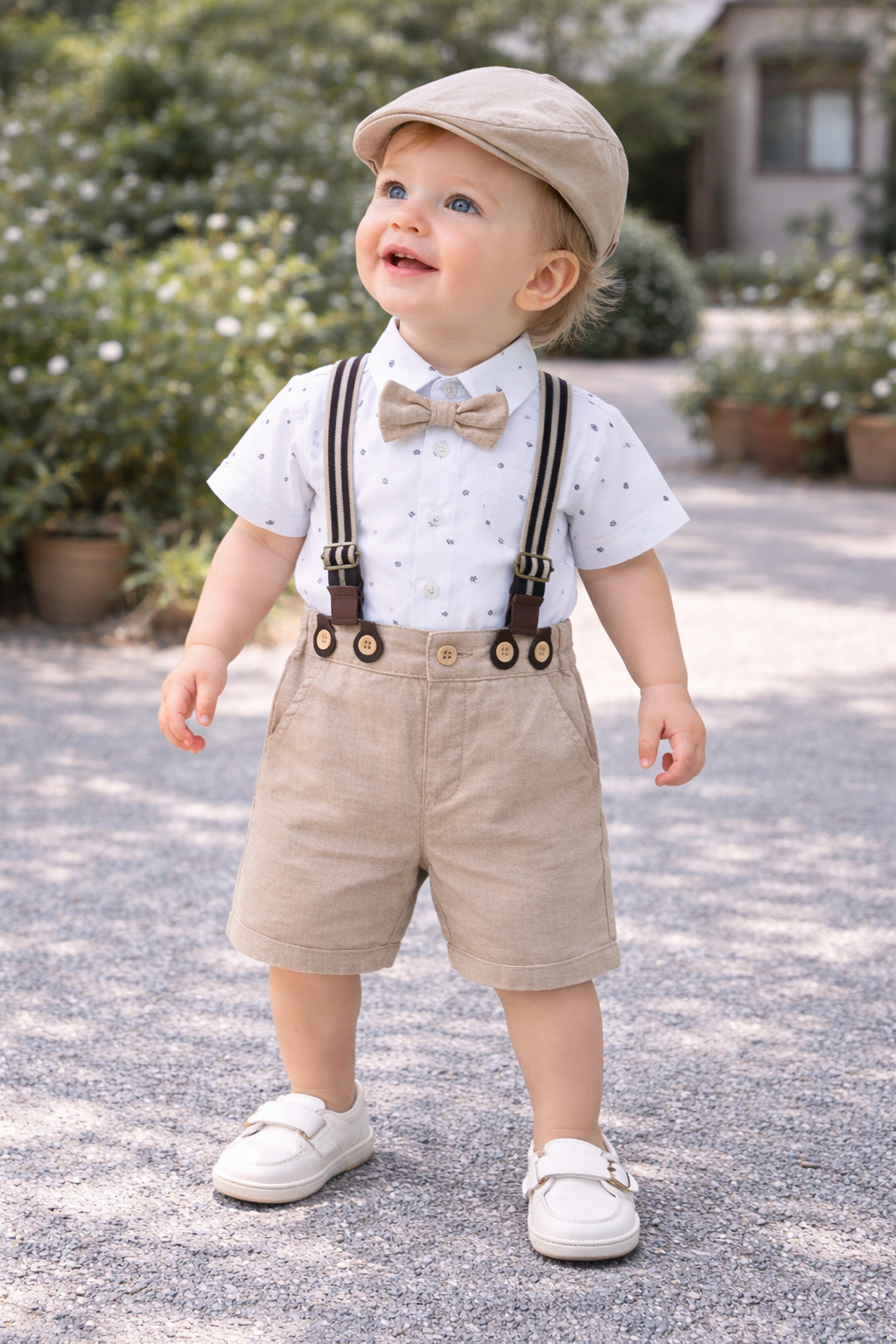 Completo Estivo Elegante Bimbo Camicia con Papillon, Shorts con Bretelle e Coppola, scarpe e calzini