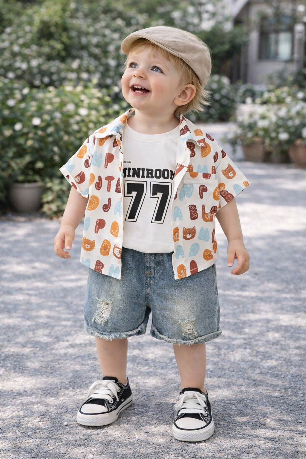 Completo Estivo Bimbo 3 Pezzi: Camicia Fantasia + T-Shirt + Shorts in Jeans