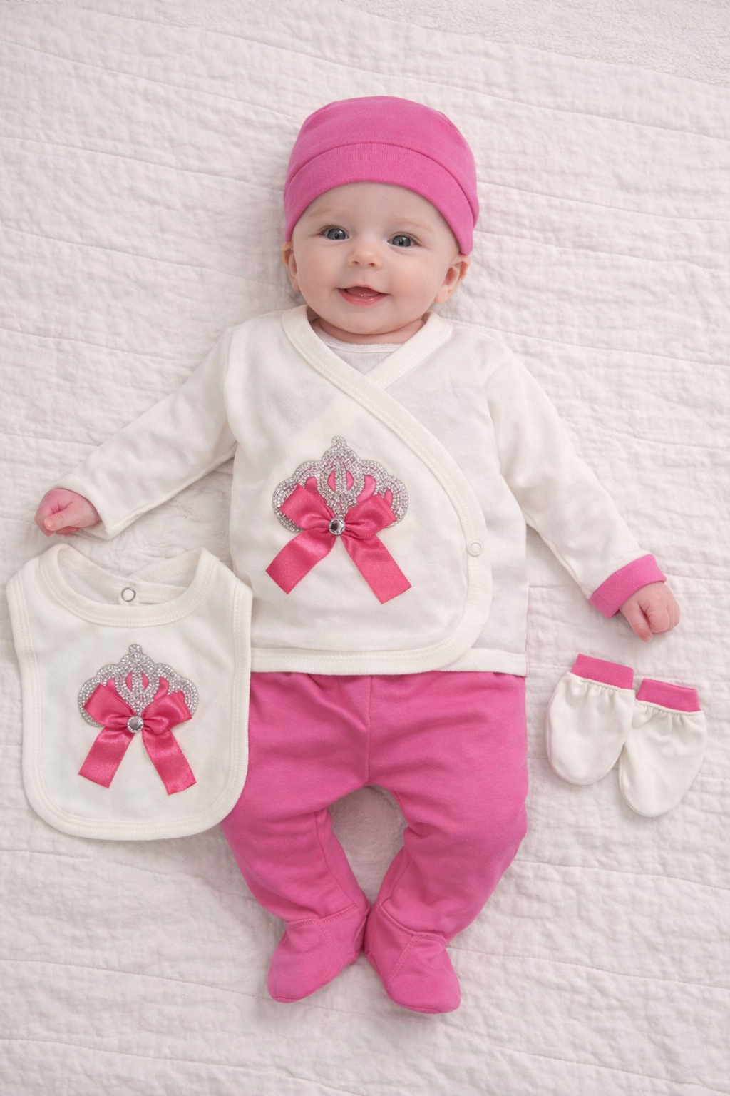 Set Neonata 5 Pezzi con Corona e Fiocco cotone