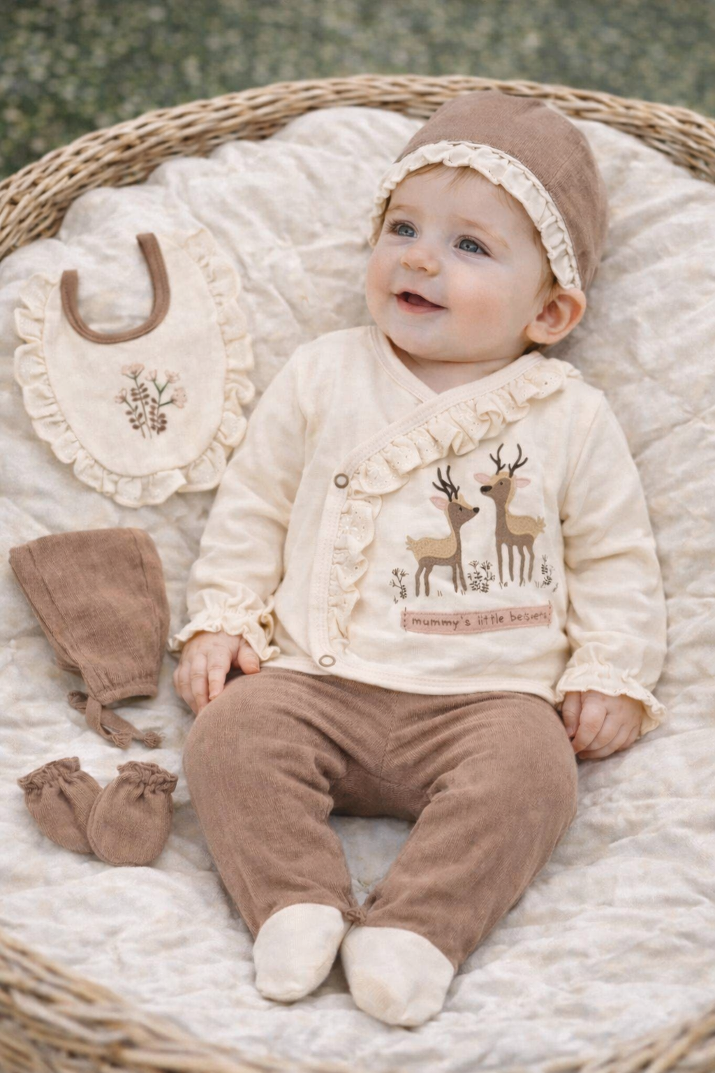 Set Nascita Neonata/Bimba "La piccola aiutante della mamma" in Mussola di Cotone