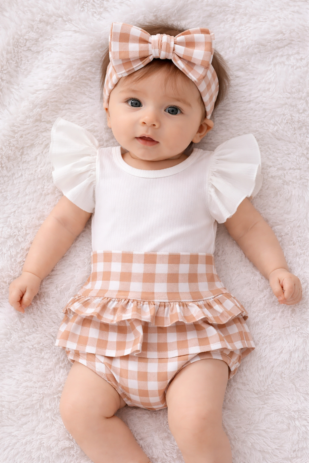 Set 3 Pezzi Bimba  Body Volant + Culotte Vichy + Fascia Fiocco