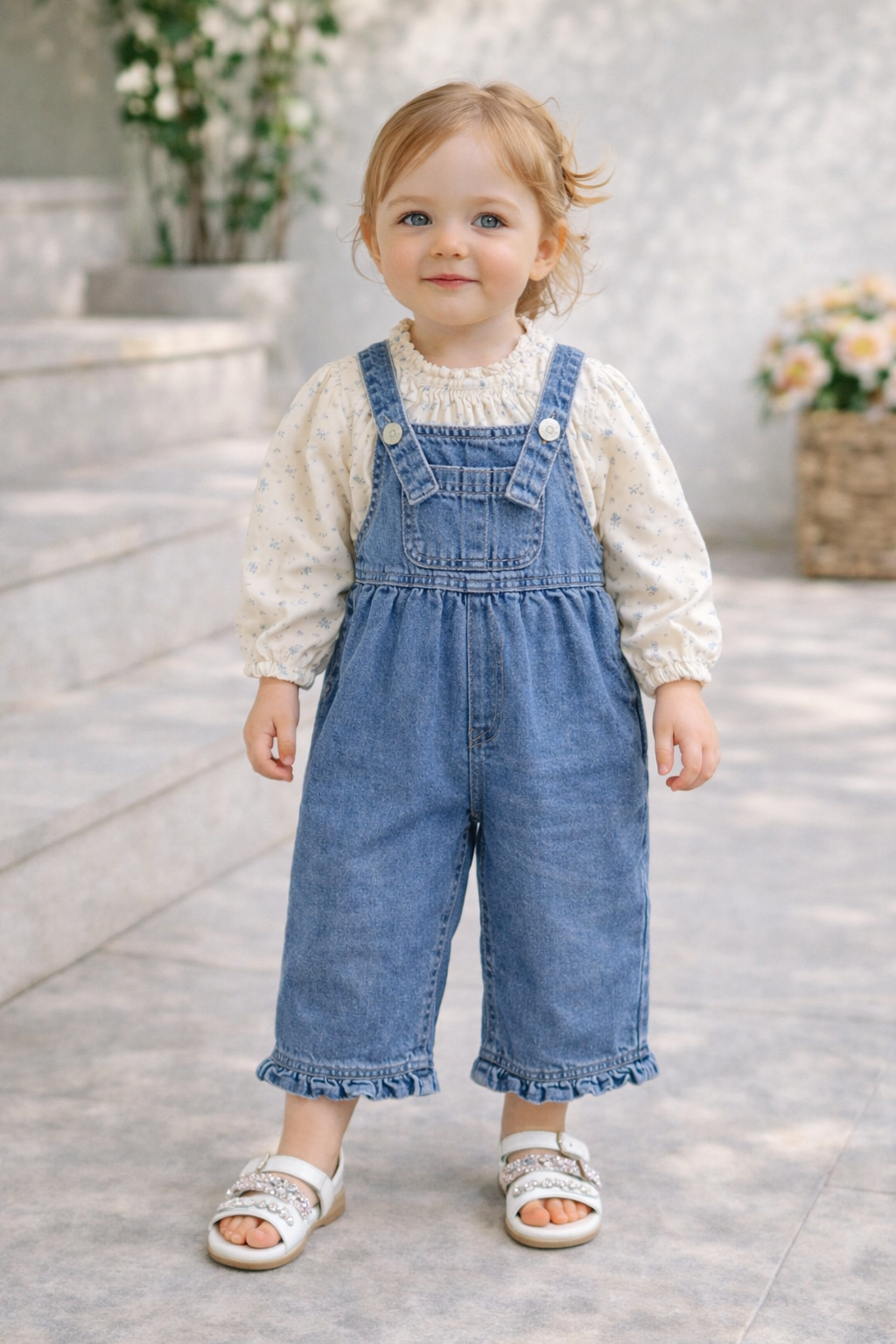 Completo Bambina 2 Pezzi – Camicetta a Fiori + Salopette in Jeans