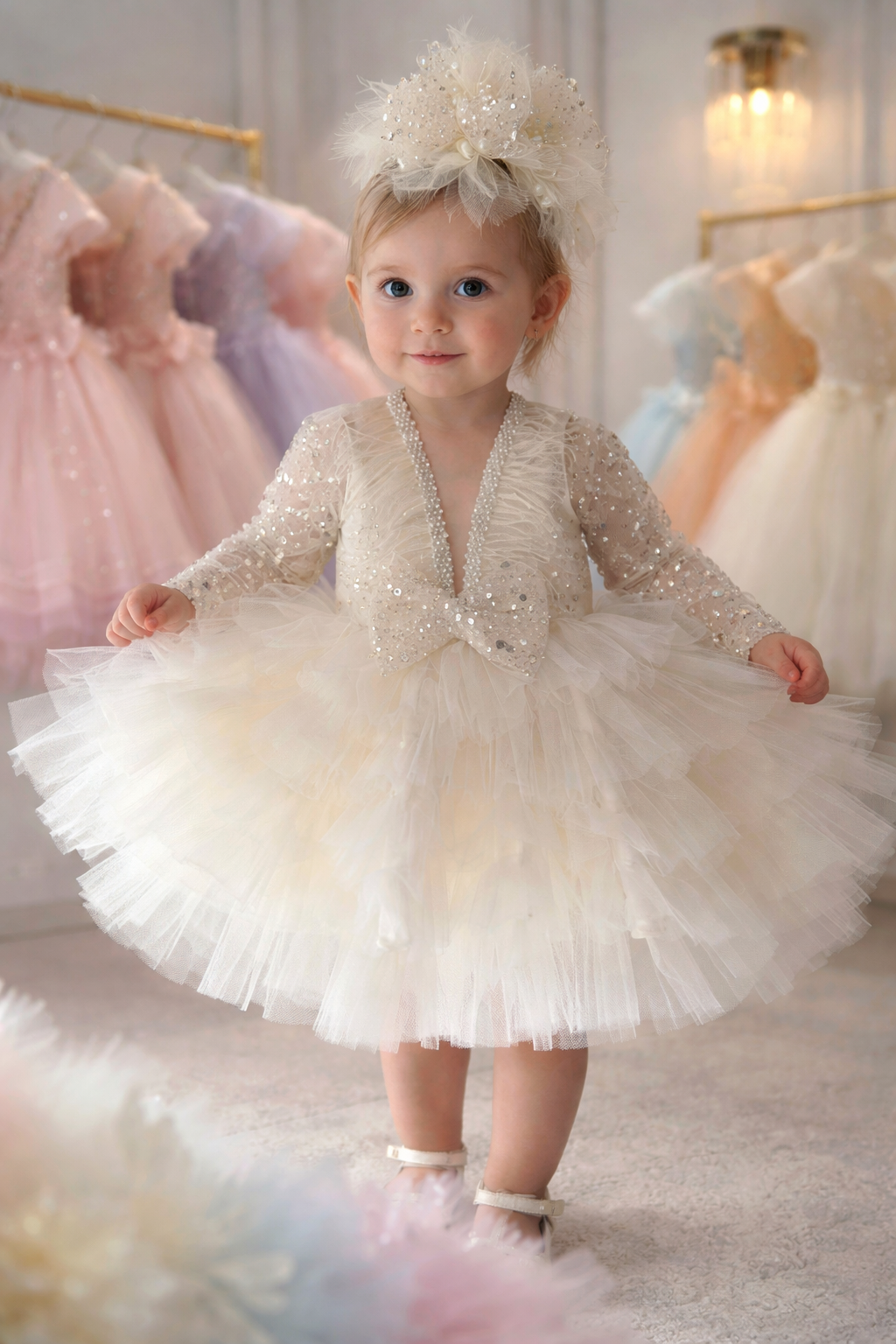 Abito Cerimonia Vari colori Principessa in Tulle con Lustrini e Fiocco