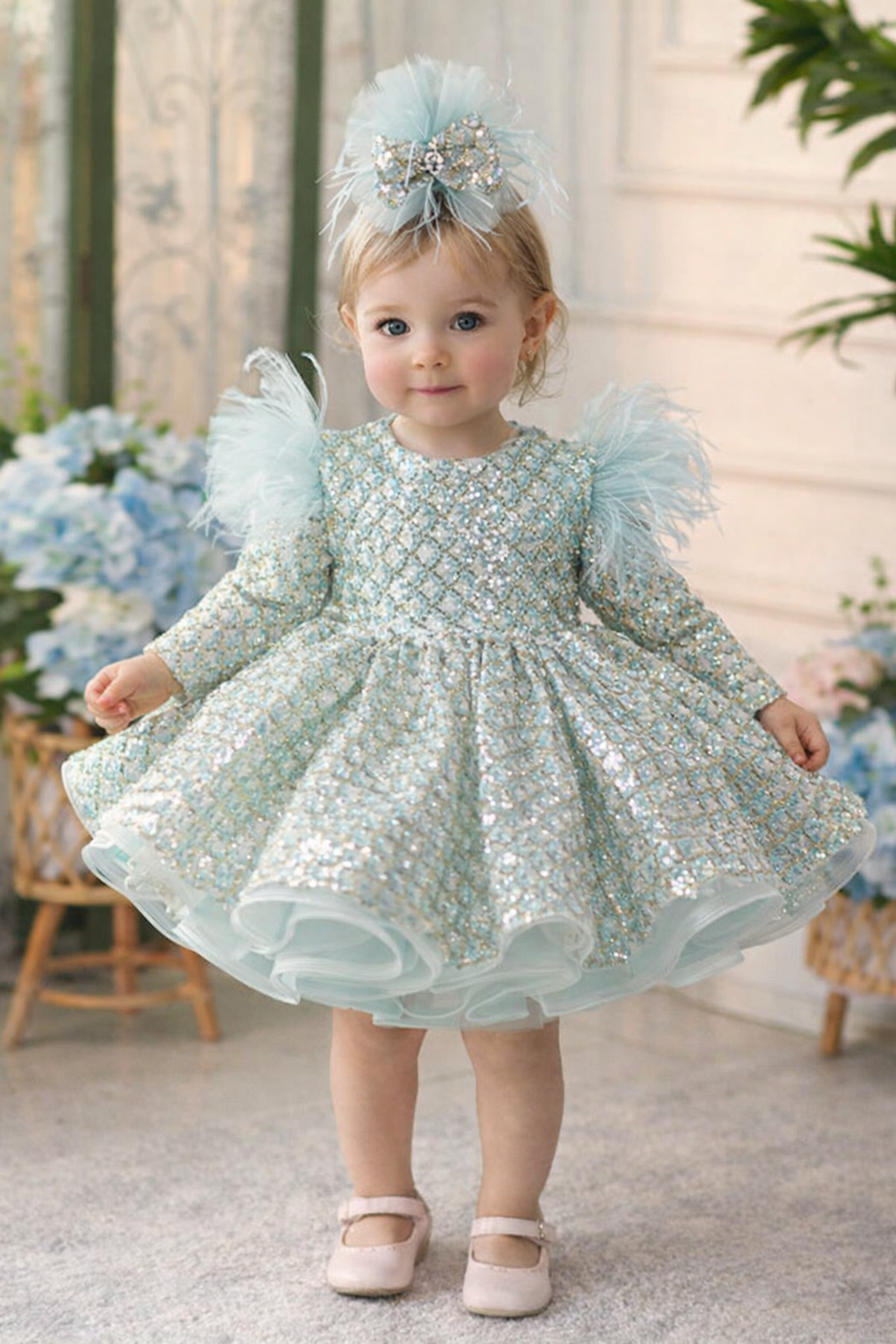 Abito da Cerimonia Bambina Azzurro Glitterato con Maniche a Piume