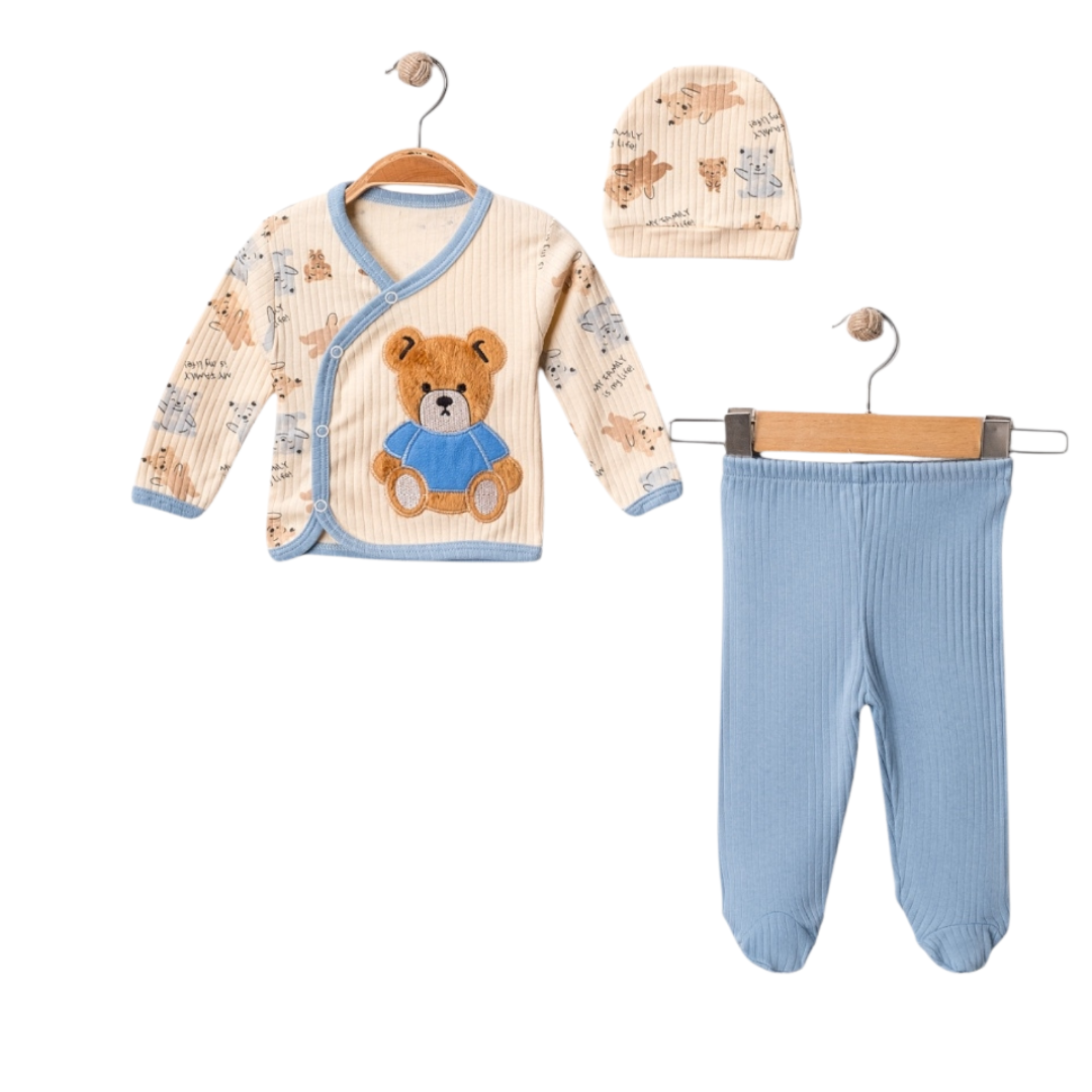 Set Neonato/ Bimbo 3 pezzi in cotone orsetto azzurro