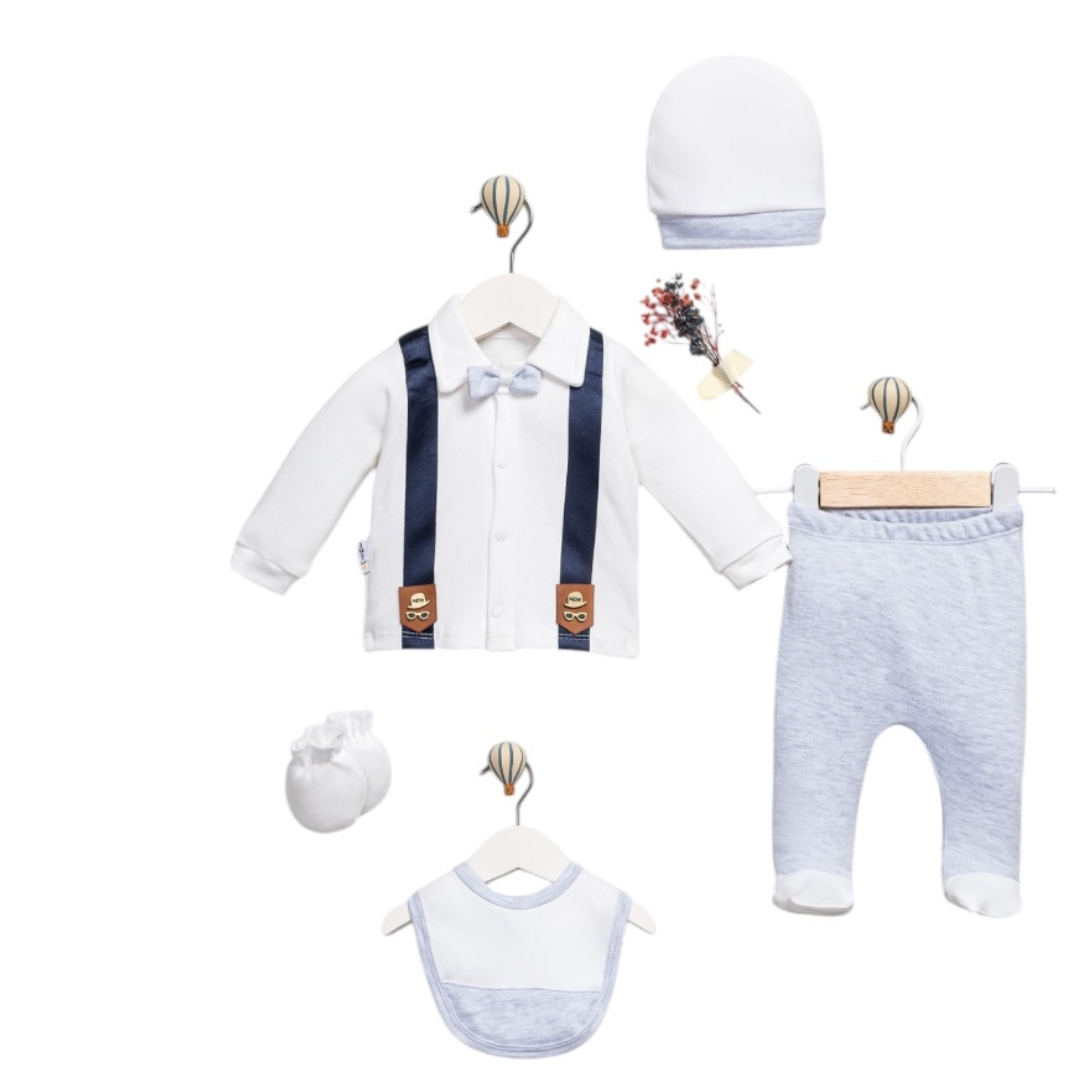 Set Neonato/ Bimbo 5pz Elegante per Neonato- Stile Smoking con Bretelle Cotone