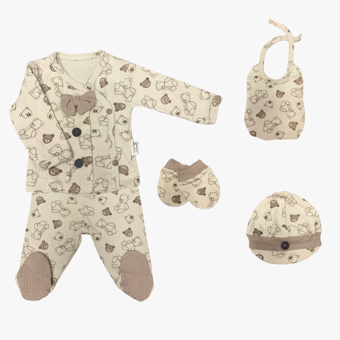 Set Neonato 5 Pezzi Orsetti Beige – Morbide Coccole (0-3 mesi)