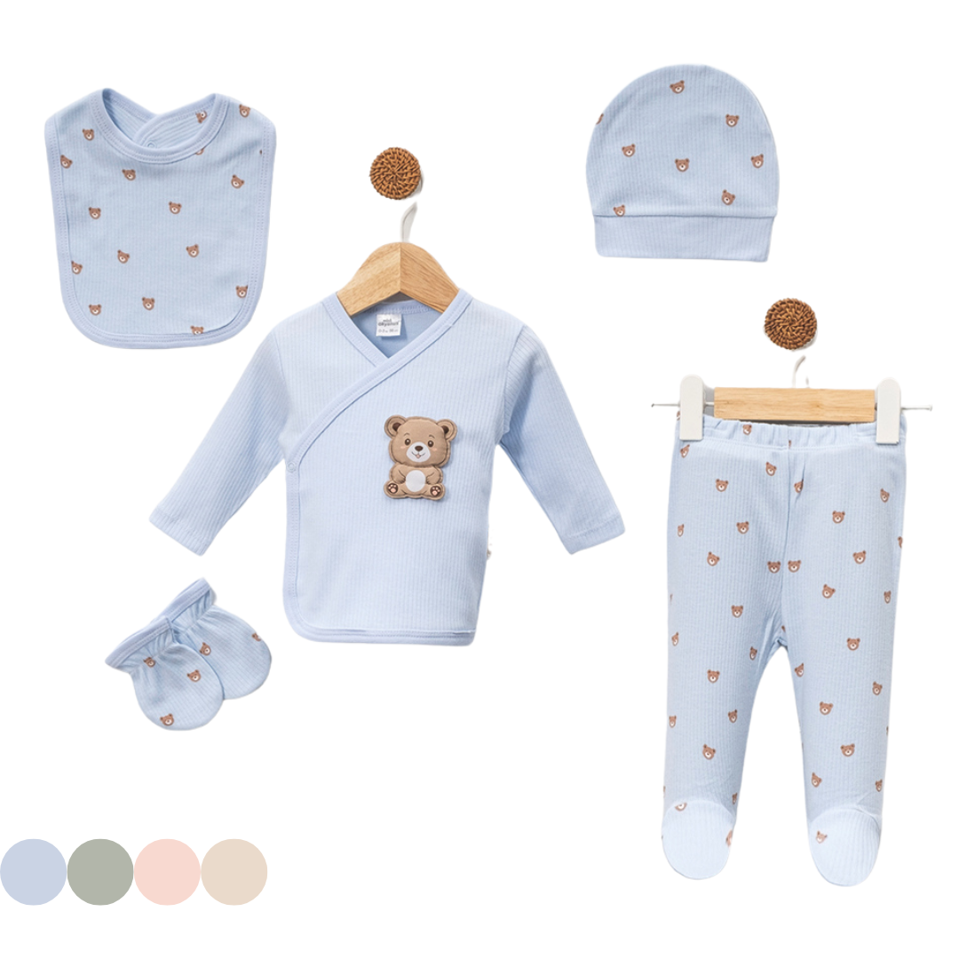 Set 5pz Nascita Neonato/ Bimbo in Cotone a Coste – Orsetto