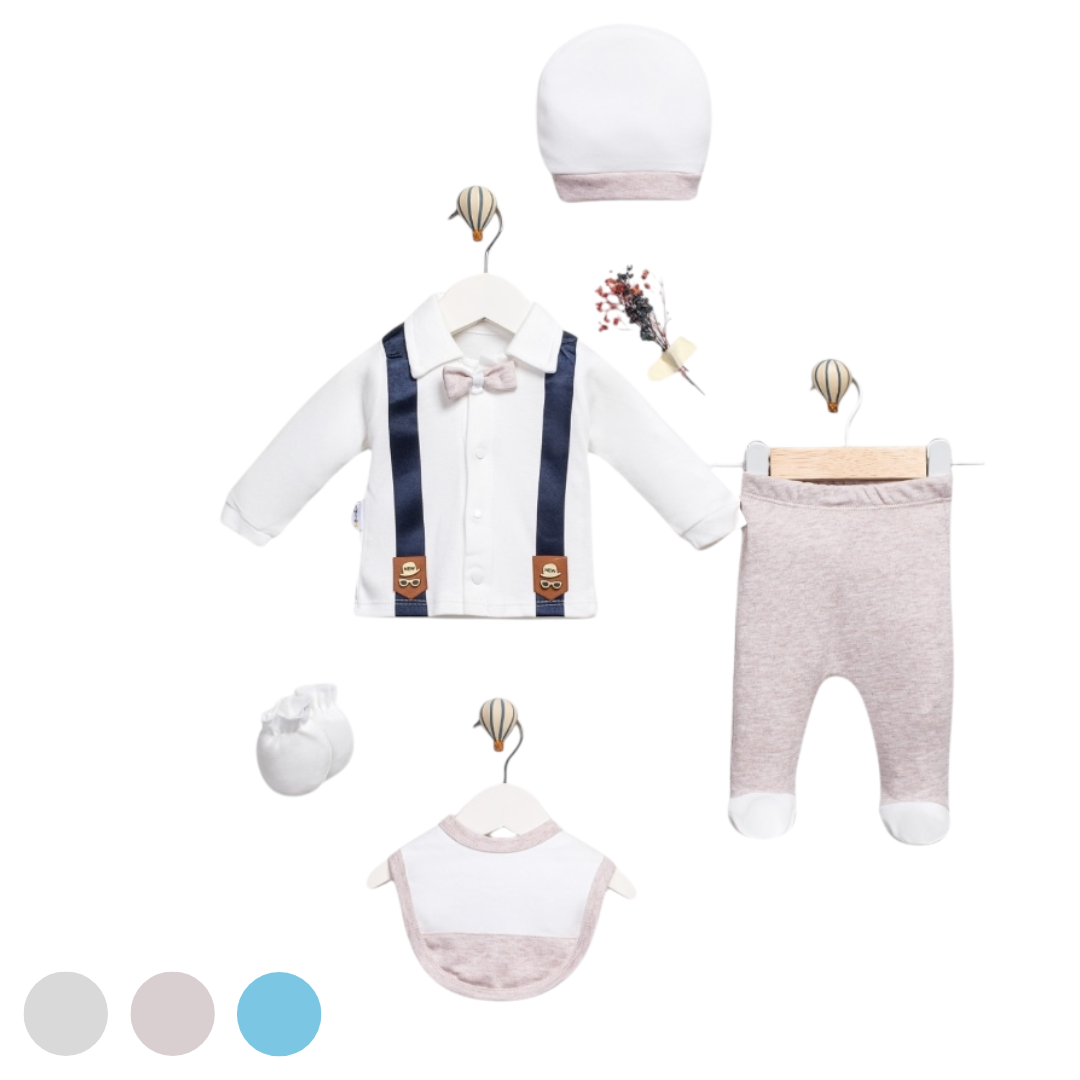 Set Neonato/ Bimbo 5pz Elegante per Neonato- Stile Smoking con Bretelle Cotone