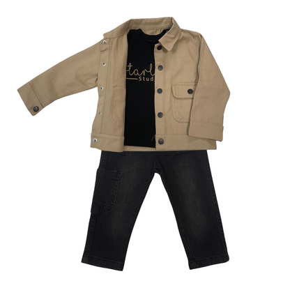 Completo Casual Bambino 3 Pezzi con Giacca Beige e Jeans Neri