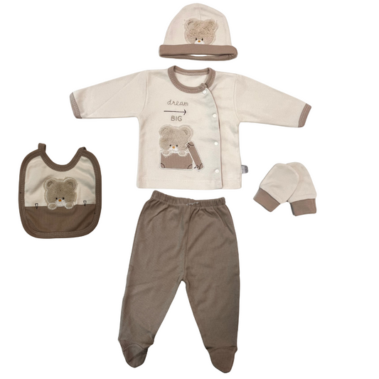 Set Neonato 5 Pezzi "Dream Big" in Cotone Morbido  Beige e Marrone