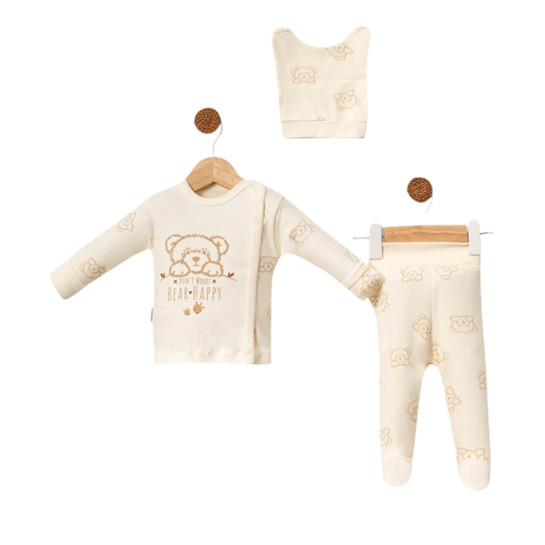 Set Nascita Neutro Bimbo/ Bimbo 3 pezzi cotone beige orsetto 0-3 mesi