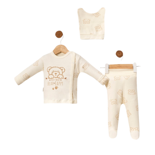 Set 3 pezzi cotone beige orsetto unisex 0-3 mesi