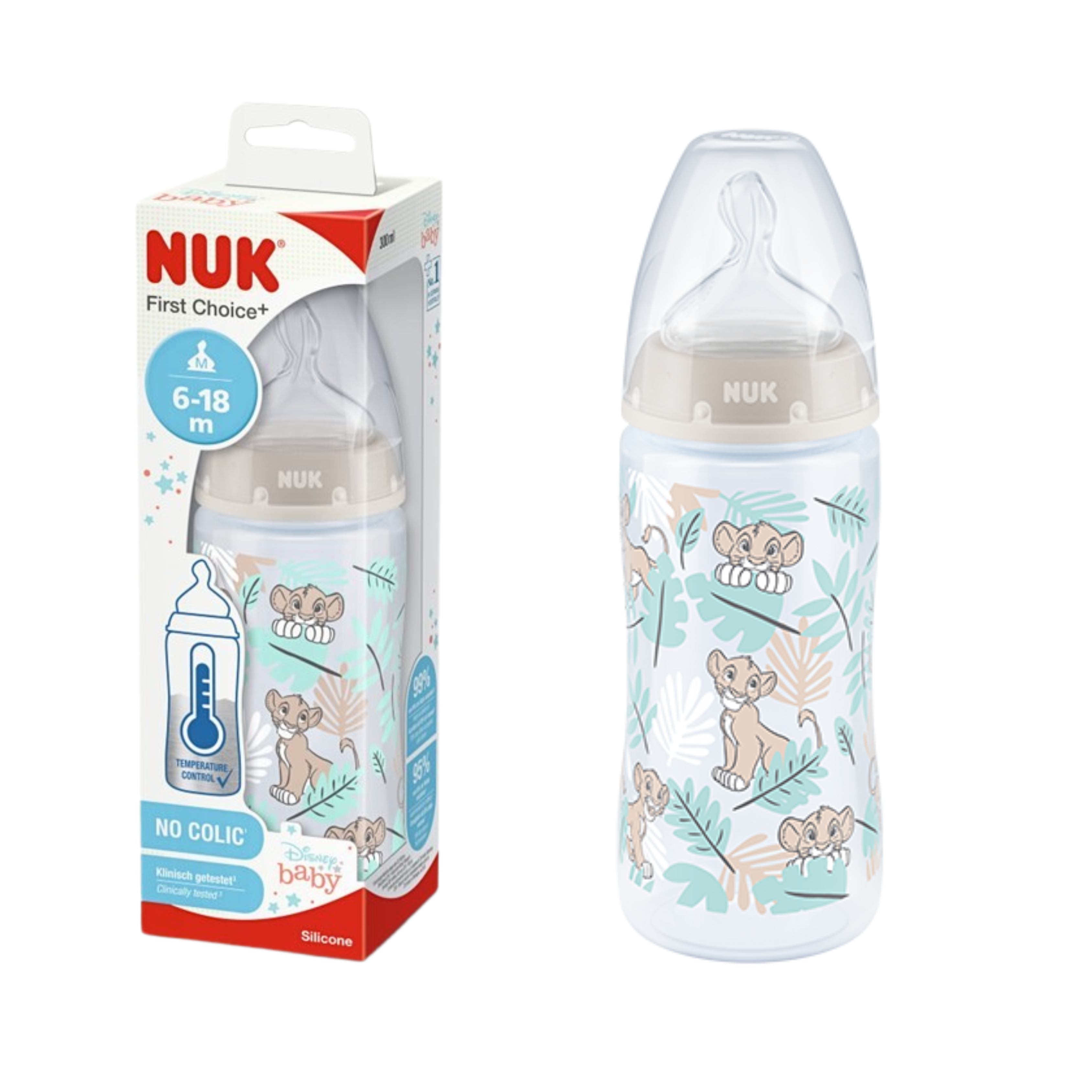 Nuk Biberón King Lion 300ml Silicona de 6 meses a 18 meses.