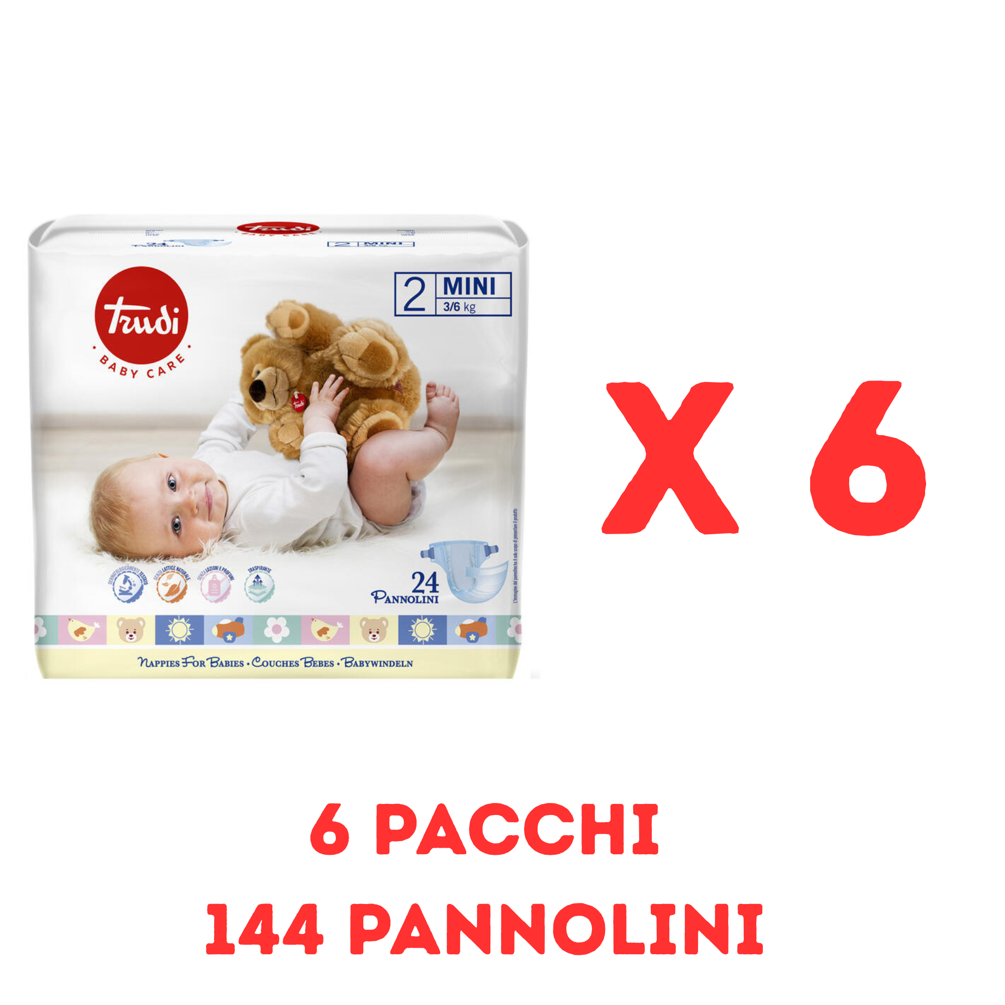 Pannolini trudi 2° misura, 6 pacchi = 144 pannolini