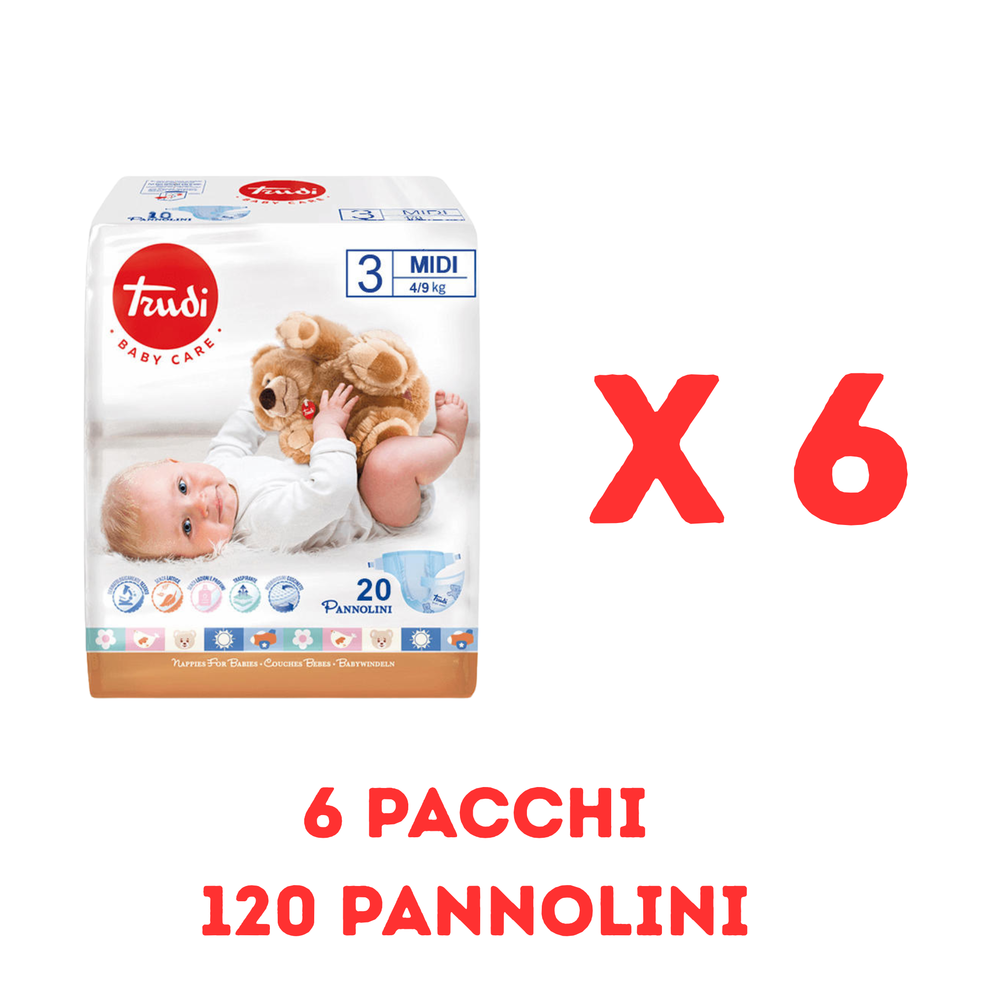 Pannolini trudi 3° misura, 6 pacchi = 120 pannolini
