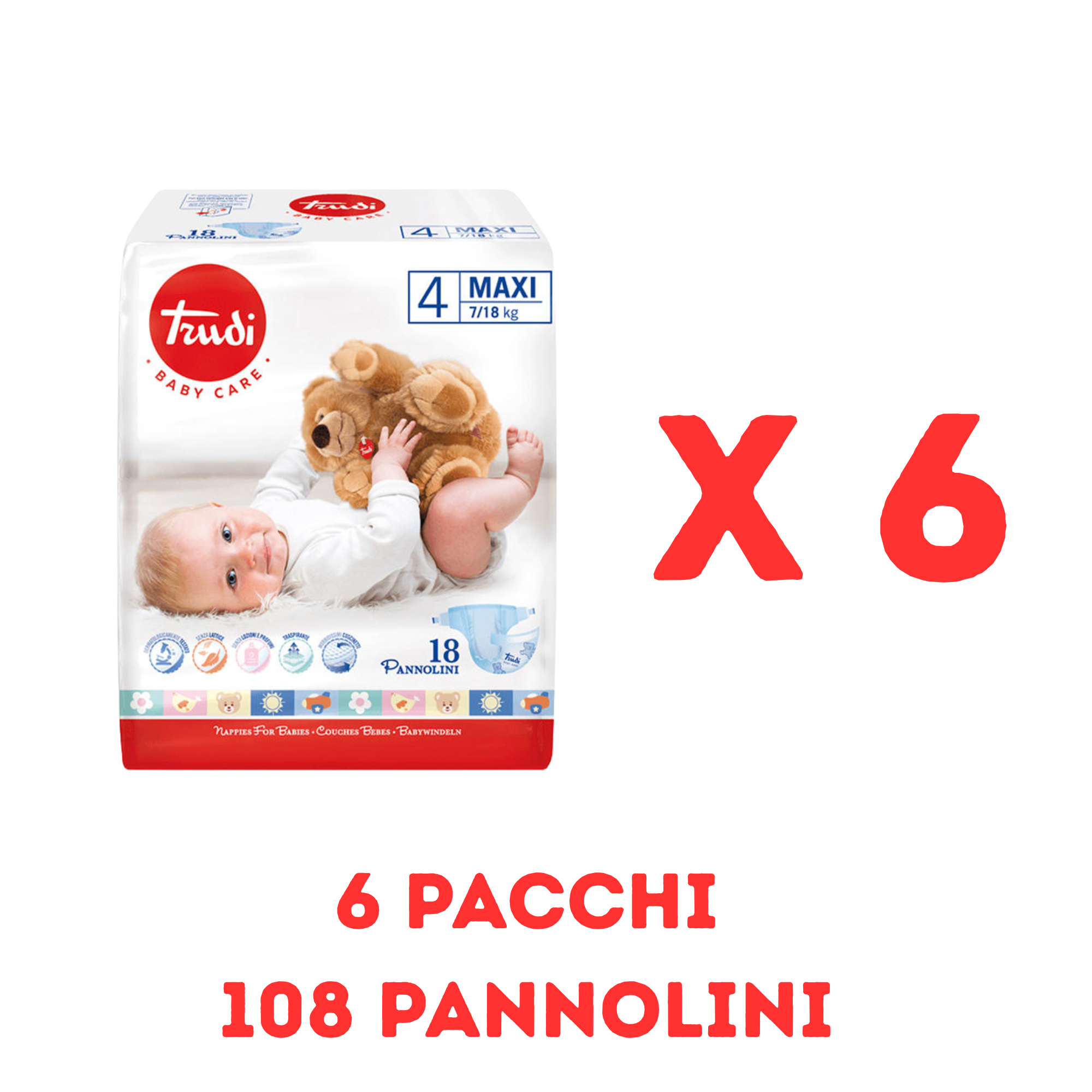 Pannolini trudi 4° misura, 6 pacchi = 108 pannolini