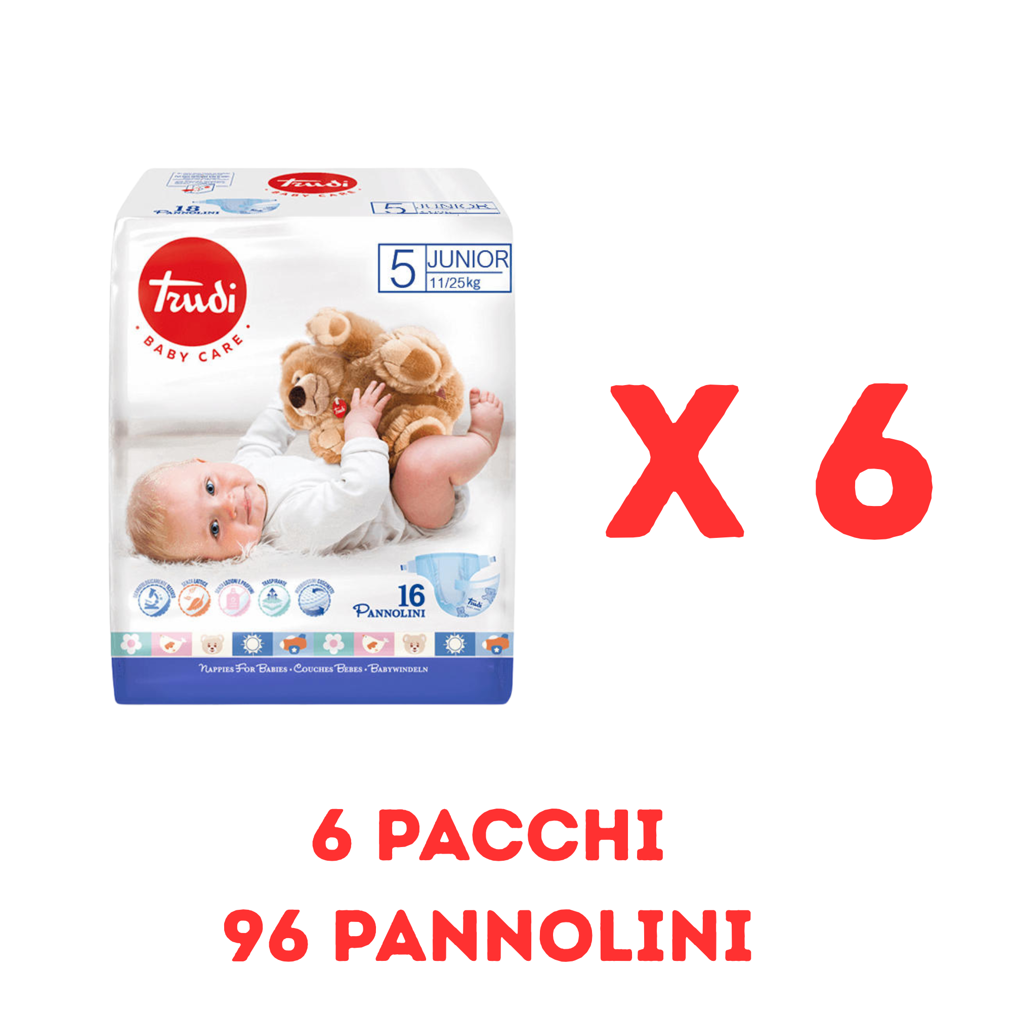 Pannolini trudi 5° misura, 6 pacchi = 96 pannolini