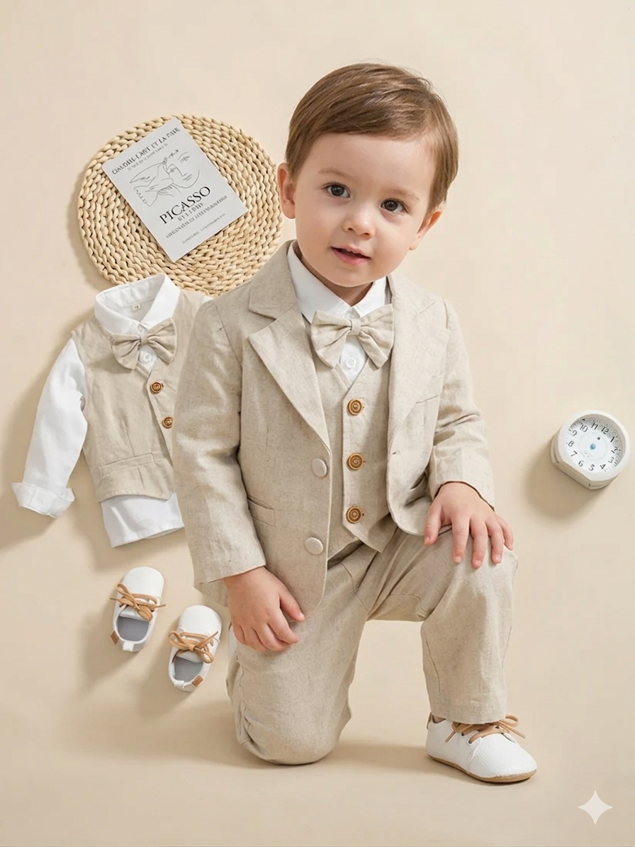 Completo elegante bambino 5 pezzi in lino  Beige naturale