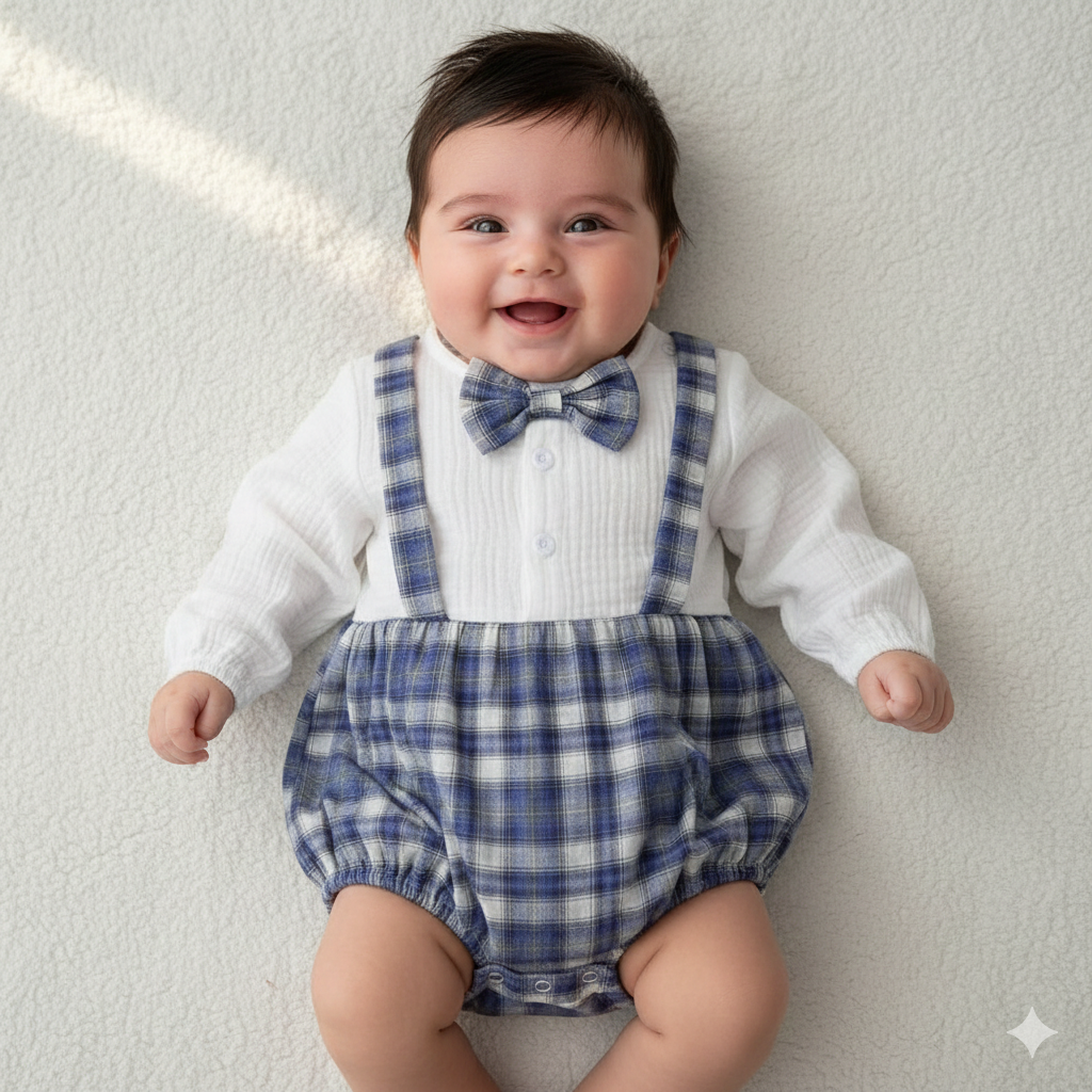 Pagliaccetto Neonato Elegante con Bretelle e Papillon  Bianco e Blu Scozzese