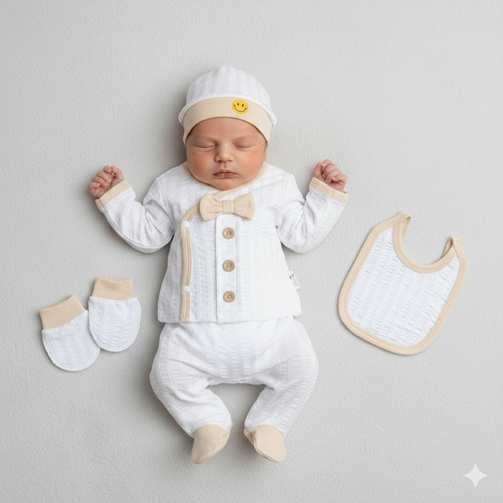 Set Neonato/ Bimbo 5 Pezzi in Cotone Eleganza e Comfort- Bianco e Beige