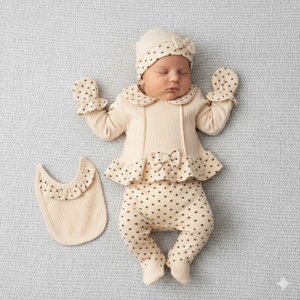 Set Neonata/ Bimba a Pois Elegante 5 Pezzi salmone in Cotone