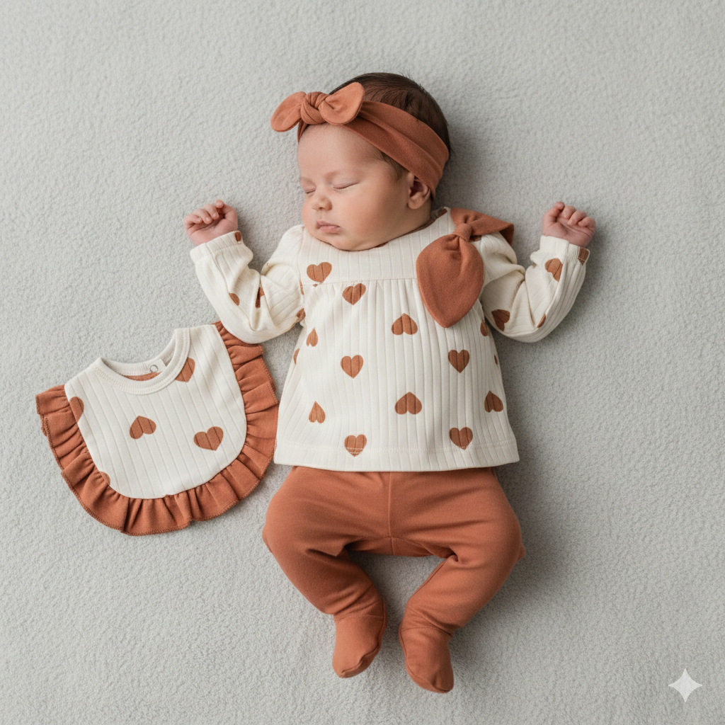 Set Neonata/ bimba  5 Pezzi Cuori & Fiocco  Estivo