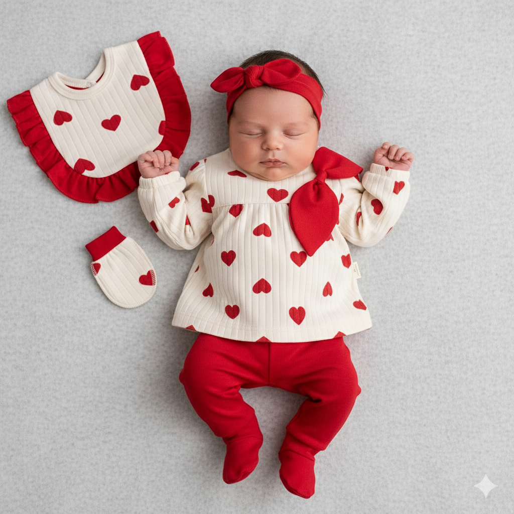 Set Neonata/ bimba  5 Pezzi Cuori & Fiocco 🎀❤️ Estivo